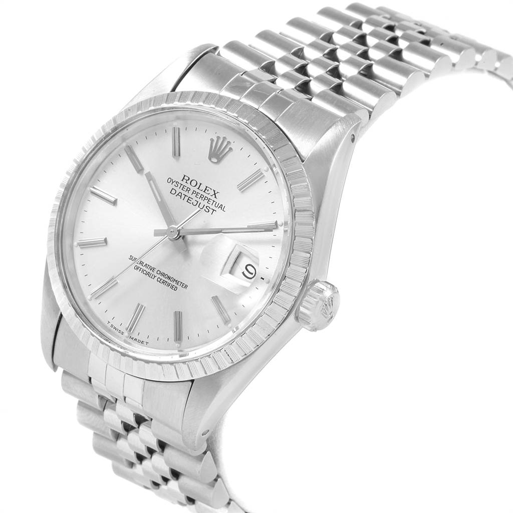 The Rolex Vintage Collection 16030 Men
s Stainless Steel Silver Dial 16030 Men
s Stainless Steel Silver Dial watch is shown at an angled close-up, highlighting its dial, bezel, case, and part of the bracelet.