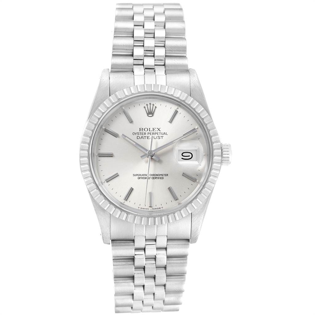 The image shows a front view of the Rolex Vintage Collection 16030 Men
s Stainless Steel Silver Dial 16030 Men
s Stainless Steel Silver Dial Datejust, displaying the watch face, hands, date window, and bracelet.