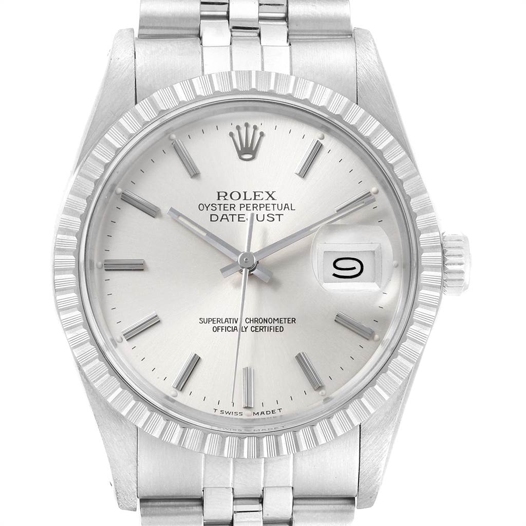 This image shows a front view of the dial, case, bezel, and bracelet of the Vintage Collection Rolex Datejust watch.