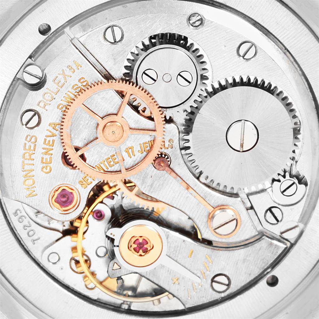 This image shows a close-up view of the mechanism inside a Rolex Vintage Collection 6694 Men
s Stainless Steel Silver Dial 6694 Men
s Stainless Steel Silver Dial watch.