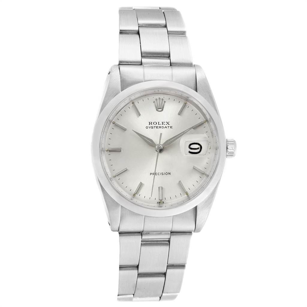 The image shows a front angle of the Rolex Vintage Collection 6694 Men
s Stainless Steel Silver Dial 6694 Men
s Stainless Steel Silver Dial Oysterdate watch, displaying the dial, hands, date window, and bracelet.