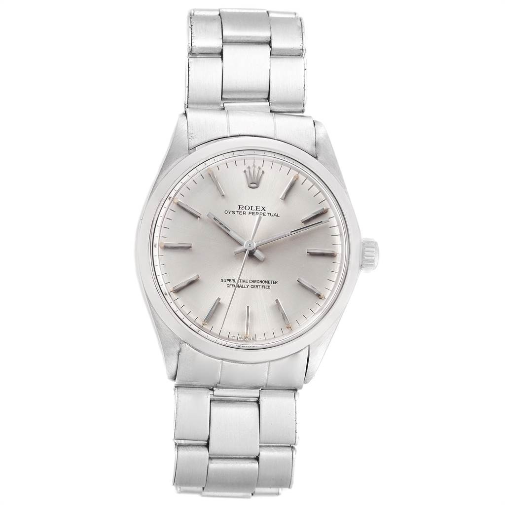 The image shows a front view of a Rolex Vintage Collection 1002 Men
s Stainless Steel Silver Dial 1002 Men
s Stainless Steel Silver Dial watch, displaying its dial, hands, case, and bracelet.