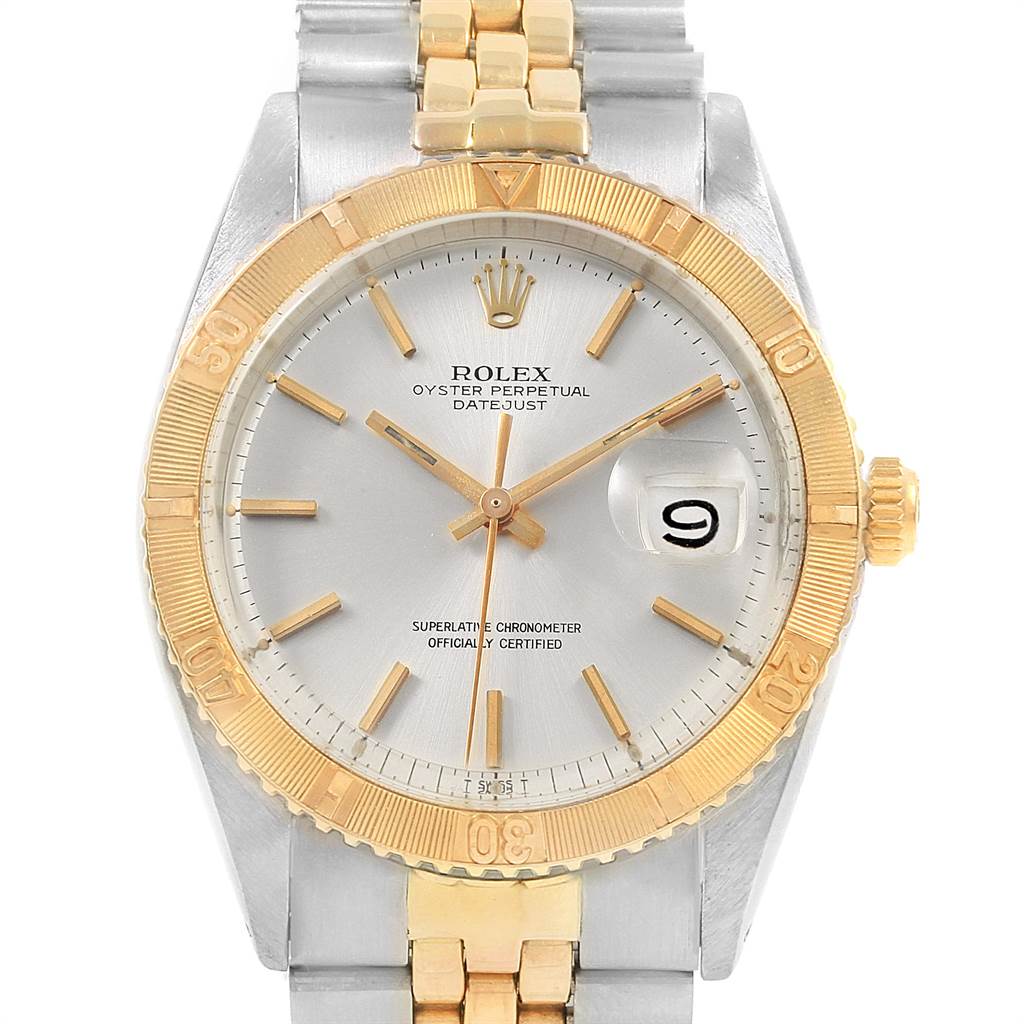 The image shows a frontal view of the Rolex Vintage Collection 1625 Men
s Steel and Gold (two tone) Silver Dial 1625 Men
s Steel and Gold (two tone) Silver Dial watch, highlighting its dial, bezel, and part of its bracelet.