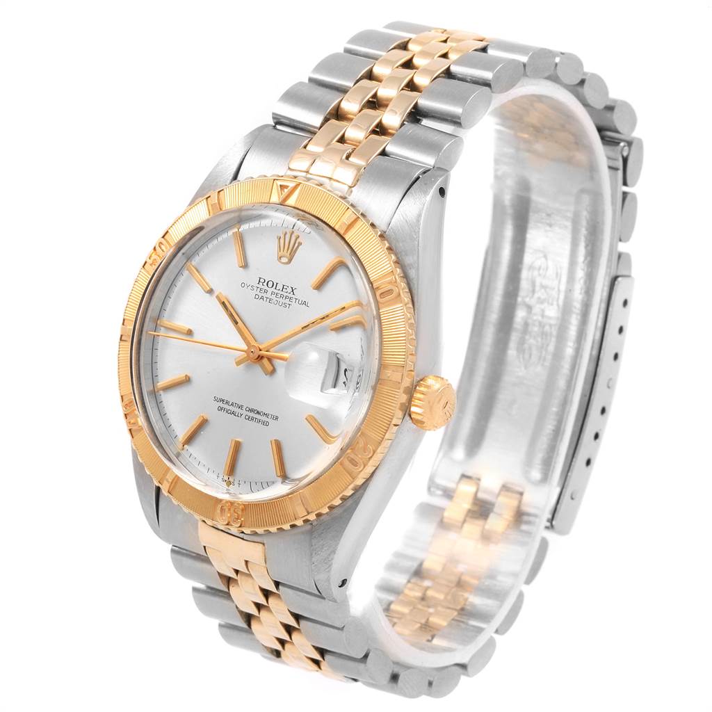 This image shows a Rolex Vintage Collection 1625 Men
s Steel and Gold (two tone) Silver Dial 1625 Men
s Steel and Gold (two tone) Silver Dial watch at a slight angle, highlighting the dial, bezel, and two-tone bracelet.