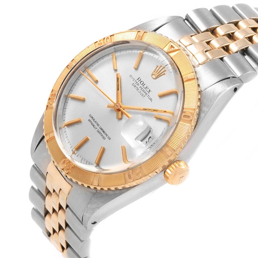 The image shows an angled view of the Rolex Vintage Collection 1625 Men
s Steel and Gold (two tone) Silver Dial 1625 Men
s Steel and Gold (two tone) Silver Dial watch, highlighting its face, crown, and bracelet.
