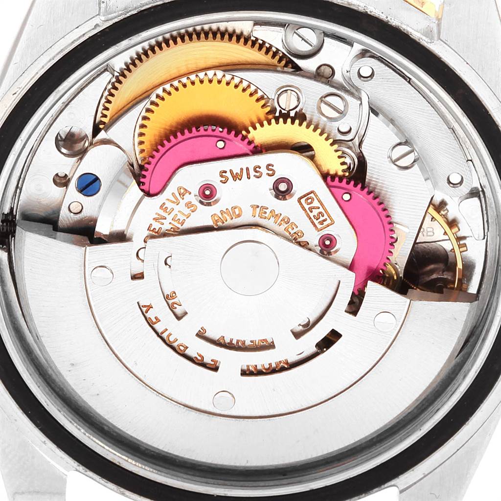 This image shows the intricate internal mechanism of a Rolex Vintage Collection 1625 Men
s Steel and Gold (two tone) Silver Dial 1625 Men
s Steel and Gold (two tone) Silver Dial model watch, emphasizing its gears and movements.