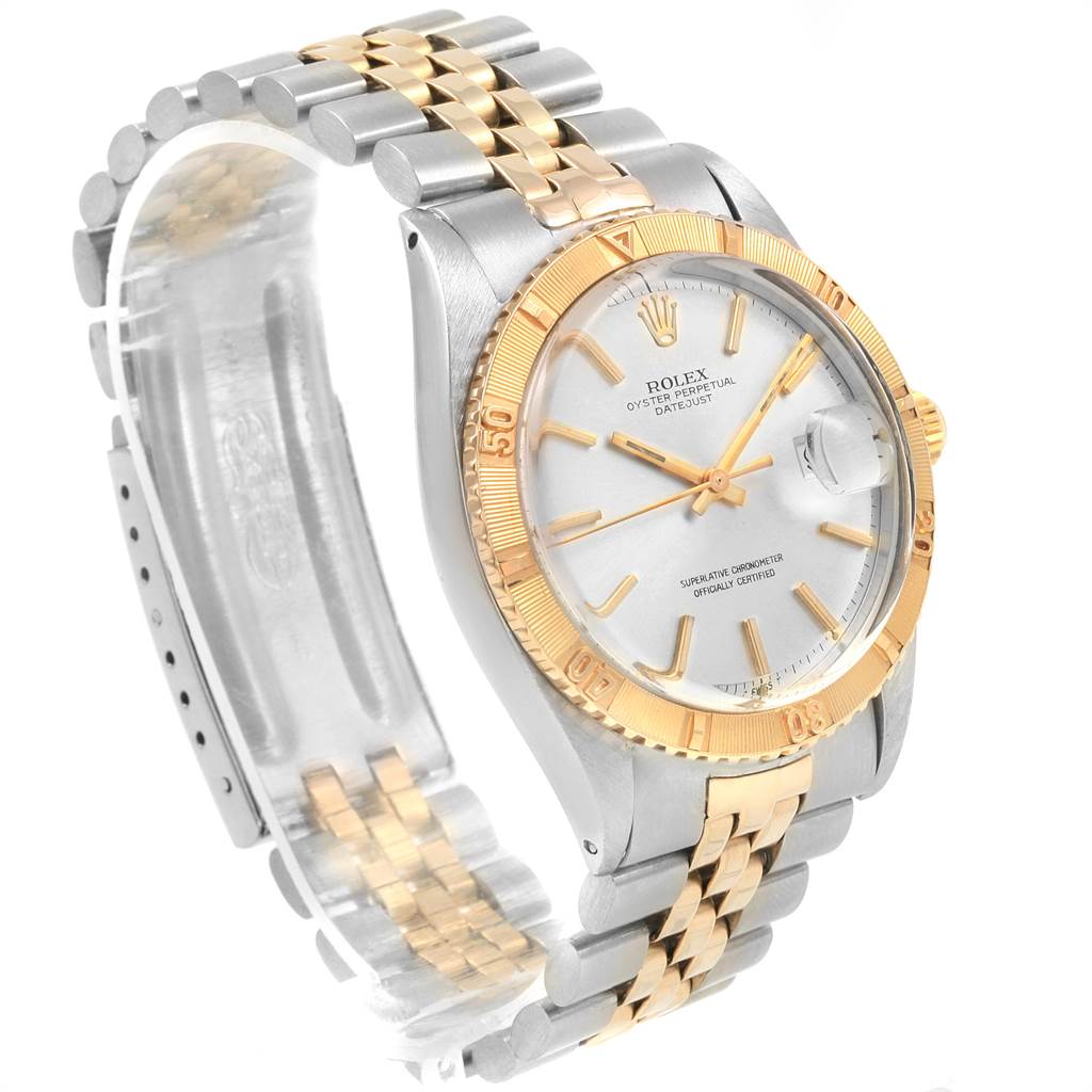 The image shows a Rolex Vintage Collection 1625 Men
s Steel and Gold (two tone) Silver Dial 1625 Men
s Steel and Gold (two tone) Silver Dial watch in a three-quarter view, highlighting its silver and gold bracelet and dial.