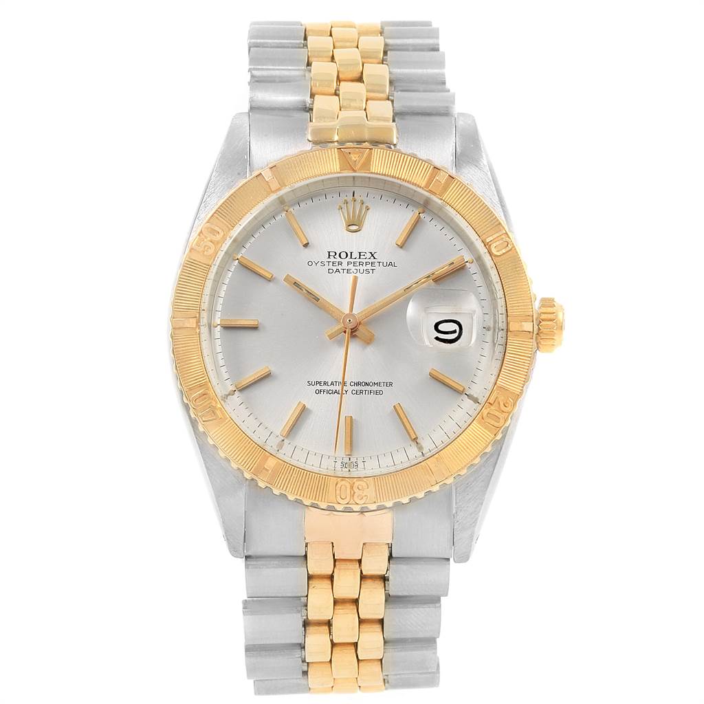 The image shows a front view of a Rolex Vintage Collection 1625 Men
s Steel and Gold (two tone) Silver Dial 1625 Men
s Steel and Gold (two tone) Silver Dial model with a two-tone bracelet, gold bezel, and white dial.