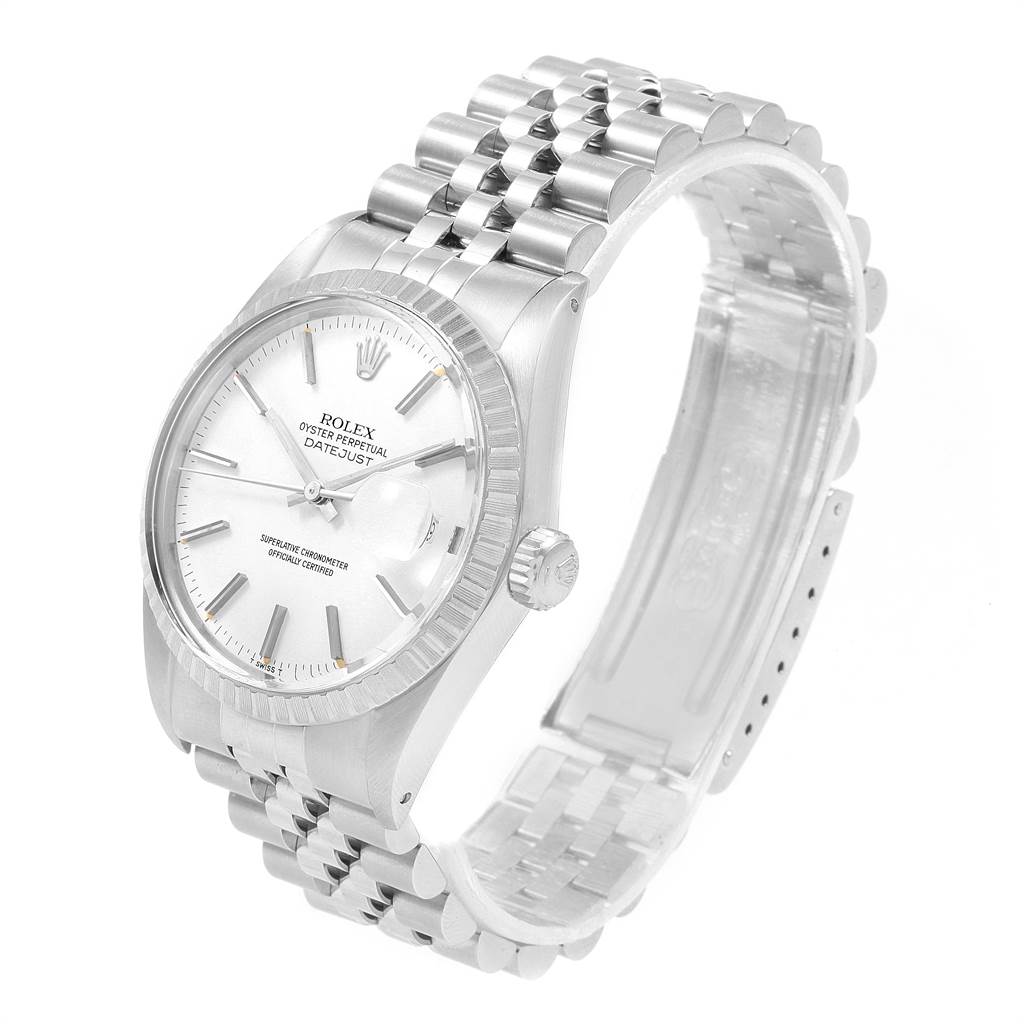 The image shows a Rolex Vintage Collection 16030 Men
s Stainless Steel White Dial 16030 Men
s Stainless Steel White Dial Datejust watch at a three-quarter angle, highlighting its face and bracelet.