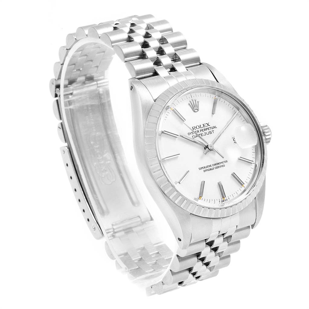 The image shows a Rolex Vintage Collection 16030 Men
s Stainless Steel White Dial 16030 Men
s Stainless Steel White Dial Oyster Perpetual Datejust watch, taken from a slightly angled side view highlighting the face and bracelet.