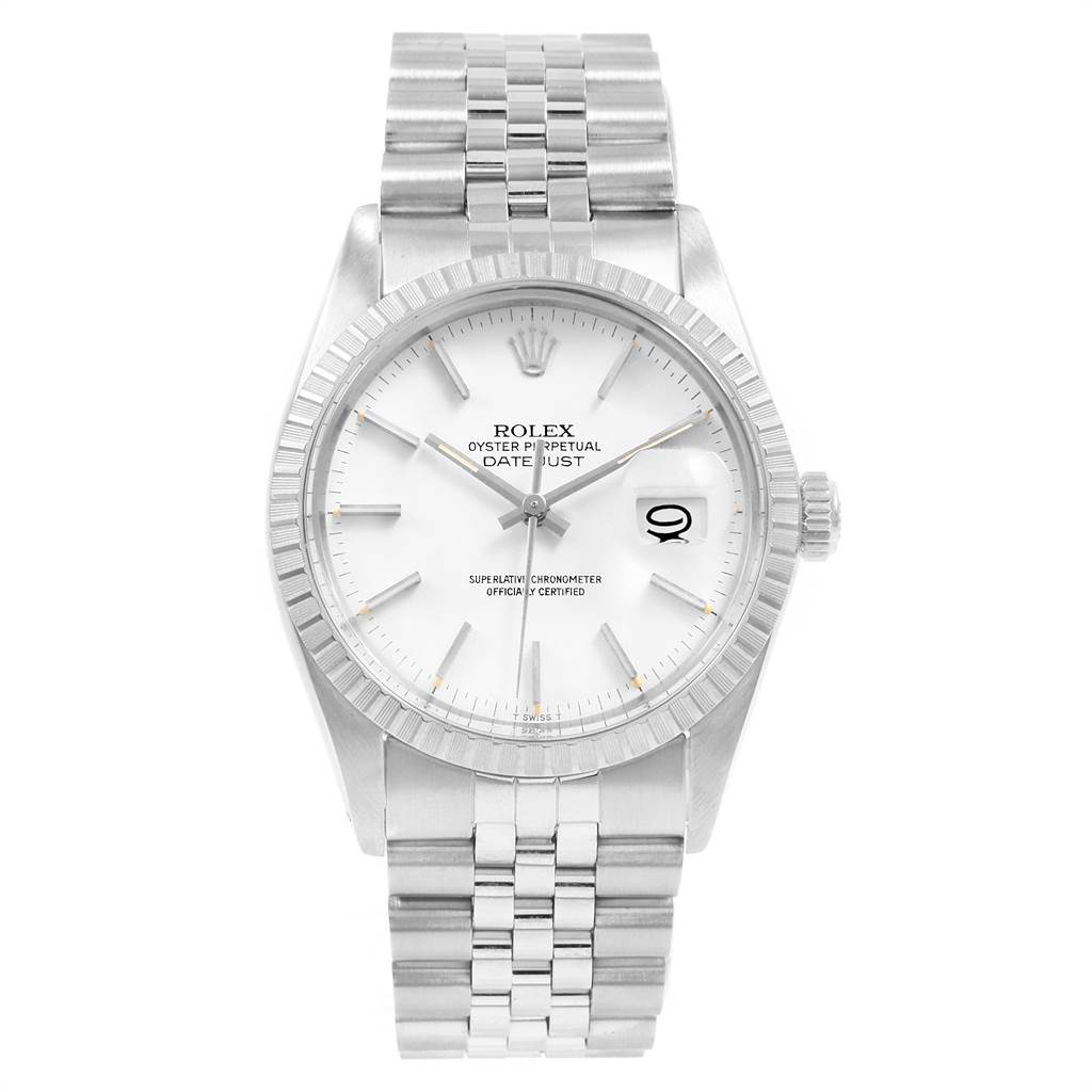 This image shows a front view of the Rolex Vintage Collection 16030 Men
s Stainless Steel White Dial 16030 Men
s Stainless Steel White Dial model, displaying the face, bezel, and bracelet of the watch.