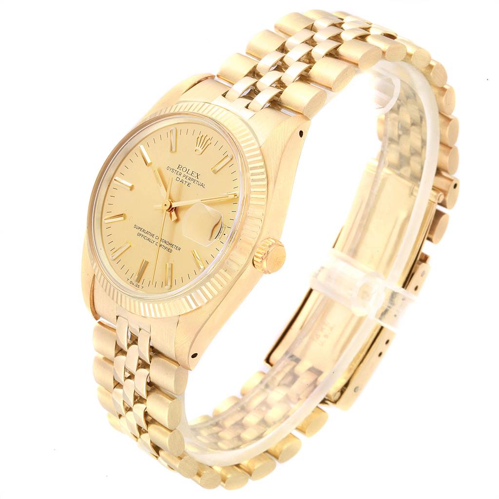 The Rolex Vintage Collection 1503 Men
s Yellow Gold Champagne Dial 1503 Men
s Yellow Gold Champagne Dial watch is shown in a side angle displaying the face, crown, and bracelet.