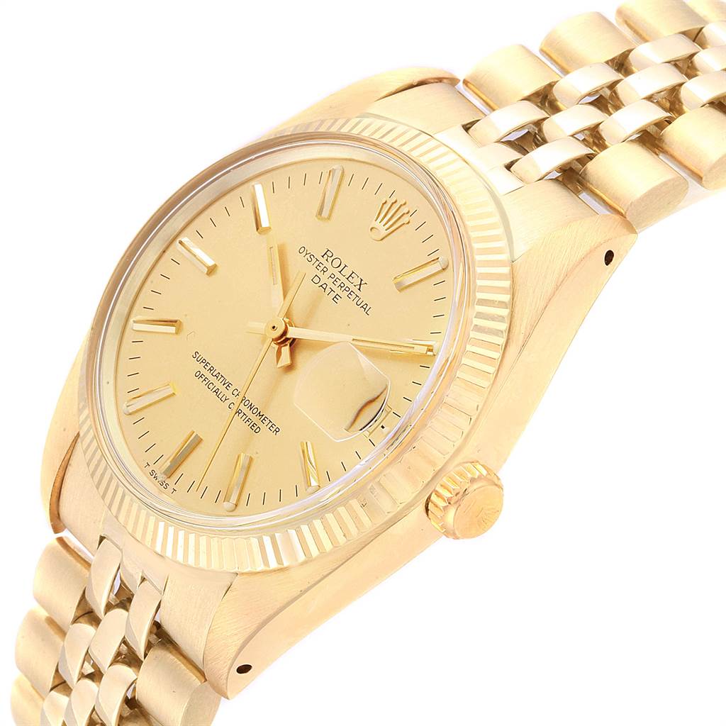 The Rolex Vintage Collection 1503 Men
s Yellow Gold Champagne Dial 1503 Men
s Yellow Gold Champagne Dial model watch is shown at an angled side view highlighting the dial, bezel, crown, and bracelet.