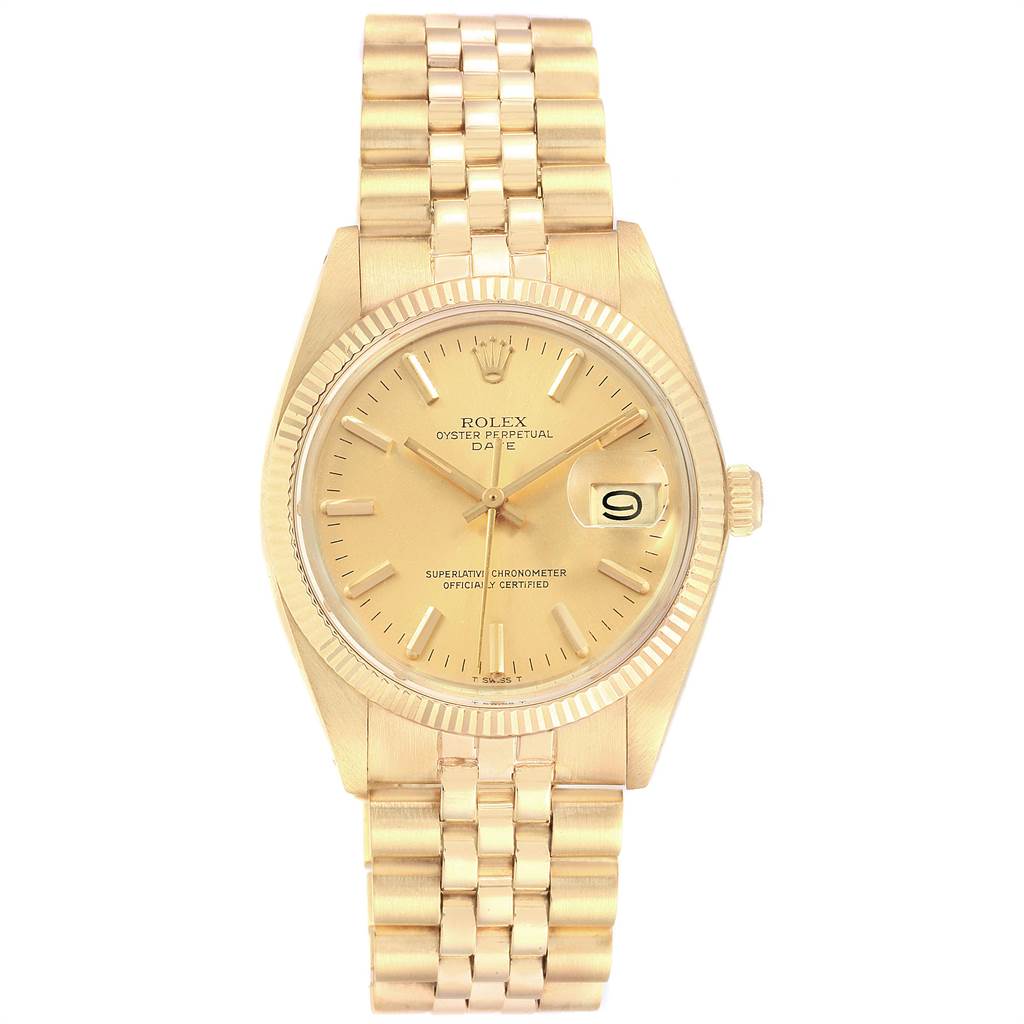 This image shows a frontal view of a Rolex Vintage Collection 1503 Men
s Yellow Gold Champagne Dial 1503 Men
s Yellow Gold Champagne Dial watch, displaying the dial, hands, bezel, and bracelet.