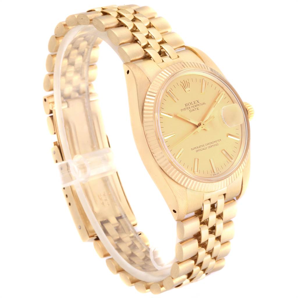 This Rolex Vintage Collection 1503 Men
s Yellow Gold Champagne Dial 1503 Men
s Yellow Gold Champagne Dial model watch is shown from an angled side view, displaying the gold bracelet, case, and watch face.