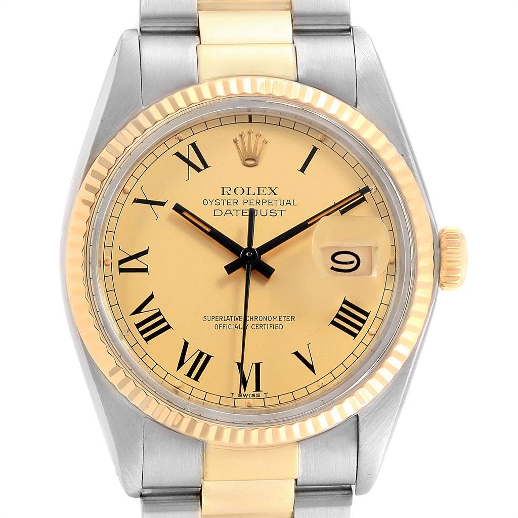 This is a close-up of the Rolex Vintage Collection 16013 Men's Stainless Steel Champagne Dial 16013 Men's Stainless Steel Champagne Dial model, showing the dial, hands, date window, and part of the bracelet.