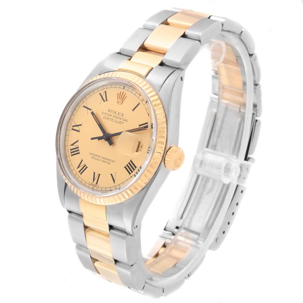 This image shows a Vintage Collection Rolex Oyster Perpetual Datejust from a three-quarter angle, highlighting the watch face, bracelet, clasp, and crown.