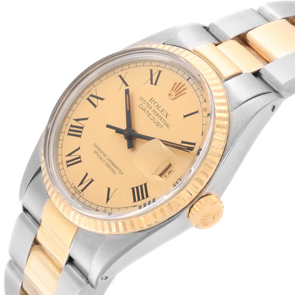 The image shows a close-up angle of a Rolex Vintage Collection 16013 Men's Stainless Steel Champagne Dial 16013 Men's Stainless Steel Champagne Dial watch, highlighting the dial, bezel, case, bracelet, and crown.