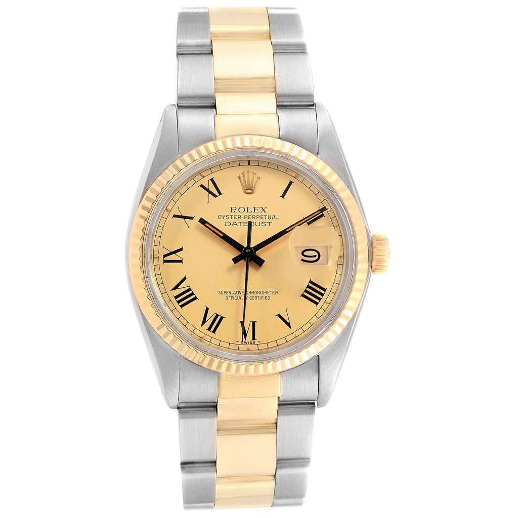 The image shows a Rolex Vintage Collection 16013 Men's Stainless Steel Champagne Dial 16013 Men's Stainless Steel Champagne Dial Oyster Perpetual Datejust watch from the front, highlighting its gold and silver bracelet and champagne dial.