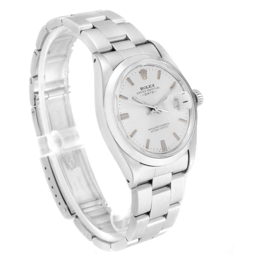 This image shows a Rolex Vintage Collection 1500 Men
s Stainless Steel Silver Dial 1500 Men
s Stainless Steel Silver Dial model from a front-left angle, highlighting its dial, bezel, and bracelet.