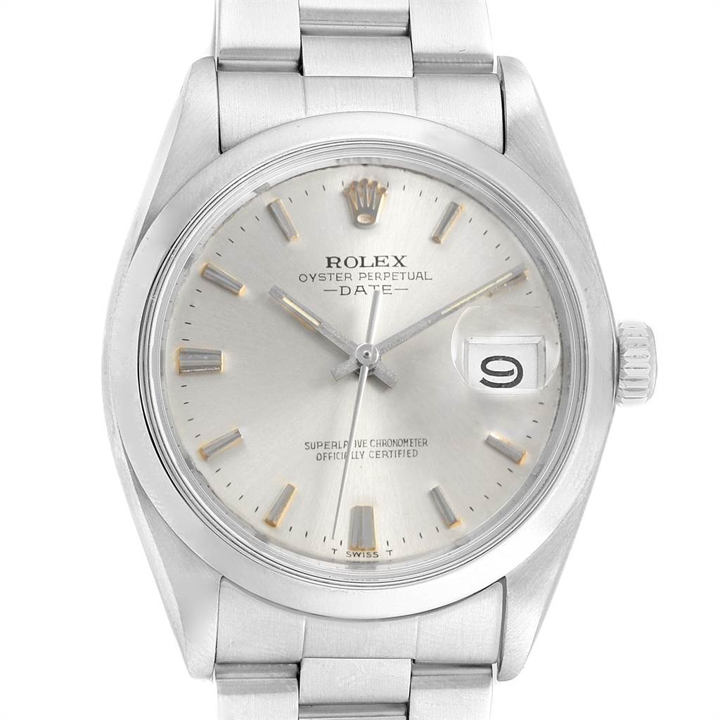 The image shows a front view of a Rolex Vintage Collection 1500 Men
s Stainless Steel Silver Dial 1500 Men
s Stainless Steel Silver Dial Oyster Perpetual Date watch, displaying its face, bezel, and metal bracelet.