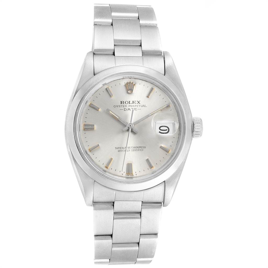 The image shows a front view of a Rolex Vintage Collection 1500 Men
s Stainless Steel Silver Dial 1500 Men
s Stainless Steel Silver Dial Oyster Perpetual Date watch, highlighting its dial and bracelet.