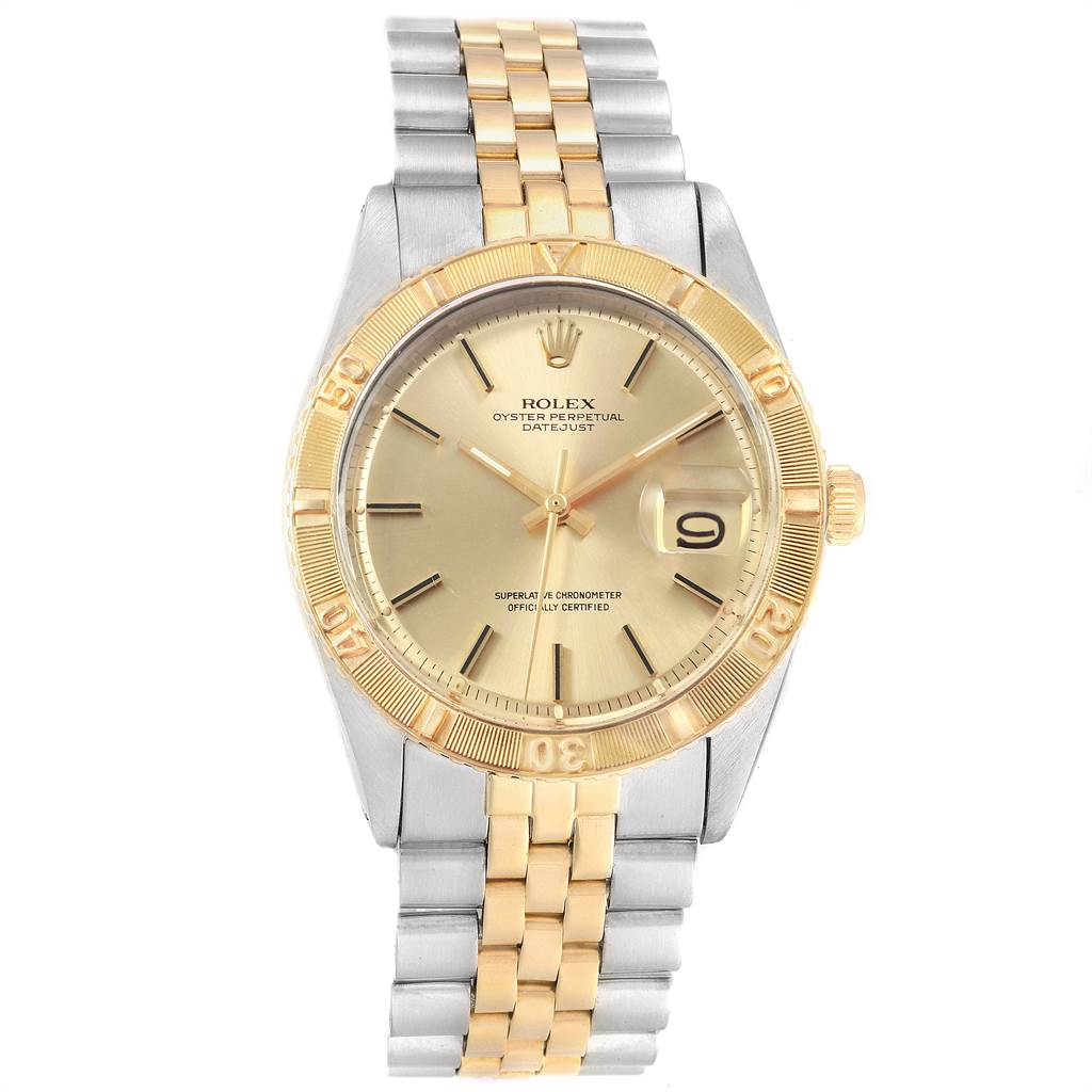 The image shows a front view of a Rolex Vintage Collection 1625 Men
s Steel and Gold (two tone) Champagne Dial 1625 Men
s Steel and Gold (two tone) Champagne Dial model, featuring the watch face, bezel, and metal strap.