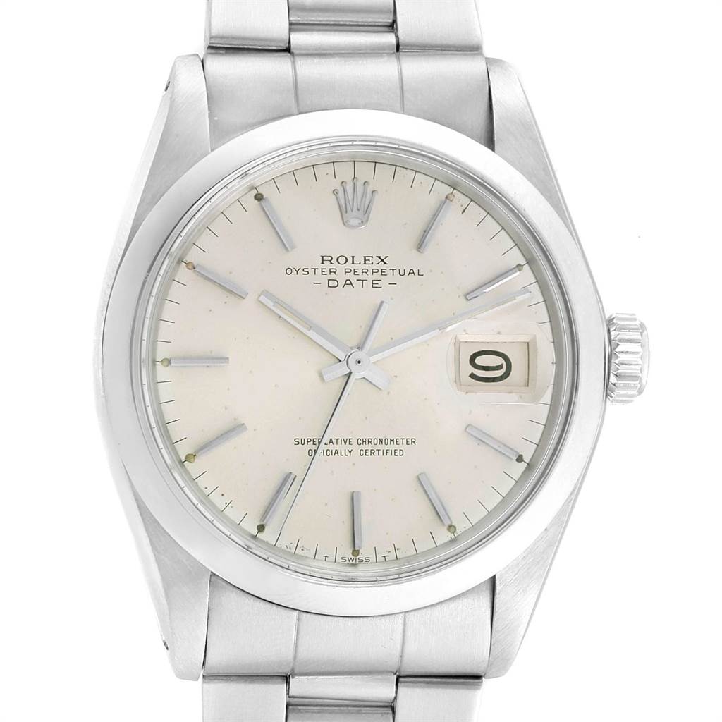 The image shows a frontal view of the Rolex Vintage Collection 1500 Men
s Stainless Steel Silver Dial 1500 Men
s Stainless Steel Silver Dial Oyster Perpetual Date watch, highlighting the face, dial, and bracelet.