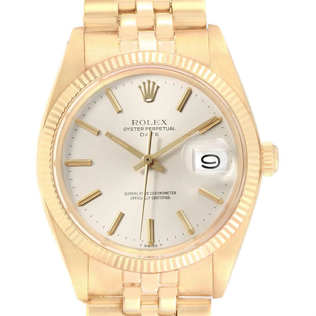 The image shows a frontal view of the Rolex Vintage Collection 1503 Men
s Yellow Gold Silver Dial 1503 Men
s Yellow Gold Silver Dial Oyster Perpetual Date, highlighting the dial and bracelet.