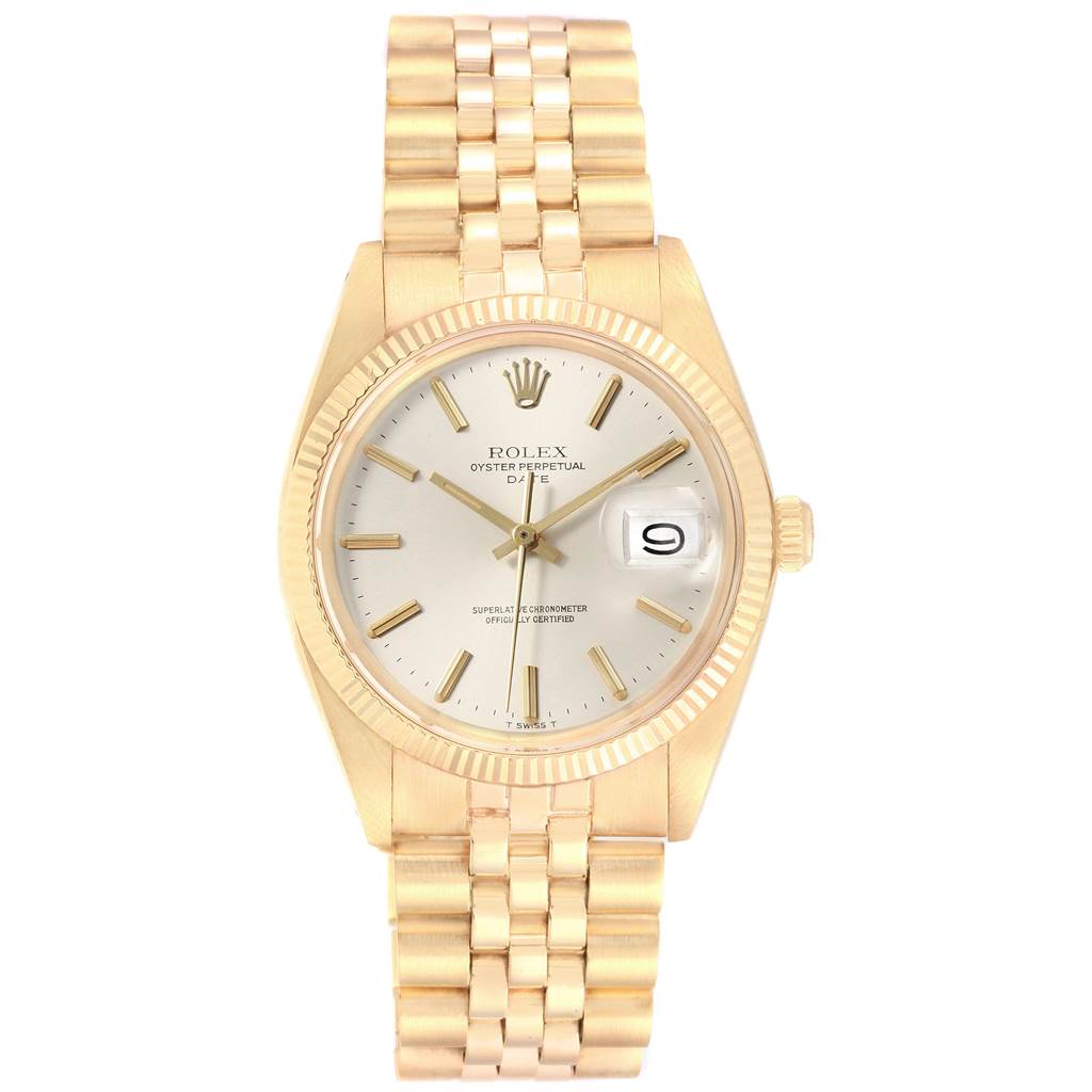 The image shows a front view of the Rolex Vintage Collection 1503 Men
s Yellow Gold Silver Dial 1503 Men
s Yellow Gold Silver Dial watch, displaying the face, bezel, and bracelet.