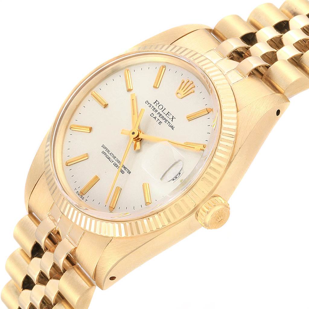 The image shows a close-up angle of the Rolex Vintage Collection 1503 Men
s Yellow Gold Silver Dial 1503 Men
s Yellow Gold Silver Dial watch, highlighting the face, crown, and bracelet.