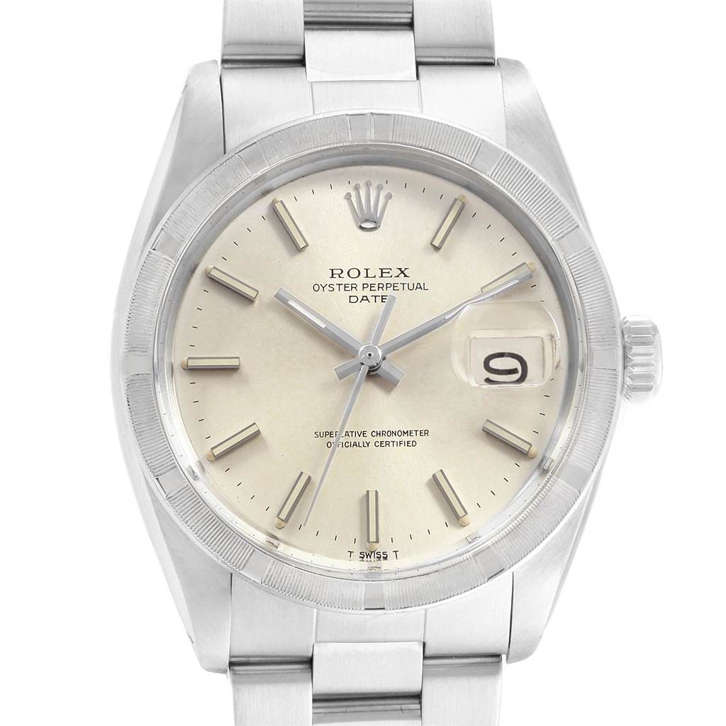 This image shows a frontal view of the Rolex Vintage Collection 1501 Men
s Stainless Steel Silver Dial 1501 Men
s Stainless Steel Silver Dial model, highlighting its dial, bezel, and part of the bracelet.