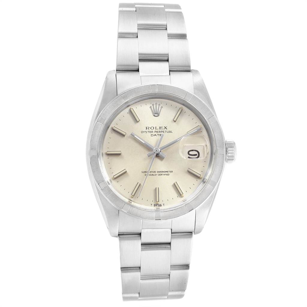 The Rolex Vintage Collection 1501 Men
s Stainless Steel Silver Dial 1501 Men
s Stainless Steel Silver Dial watch is displayed from a front angle, showing the dial, hour markers, and bracelet.