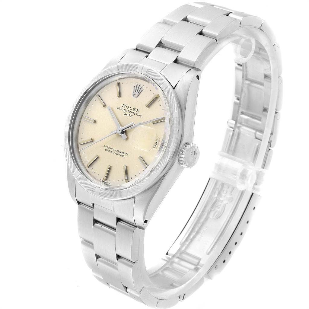 The image shows a Rolex Vintage Collection 1501 Men
s Stainless Steel Silver Dial 1501 Men
s Stainless Steel Silver Dial watch featuring the face, bezel, crown, and part of the band from an angled perspective.
