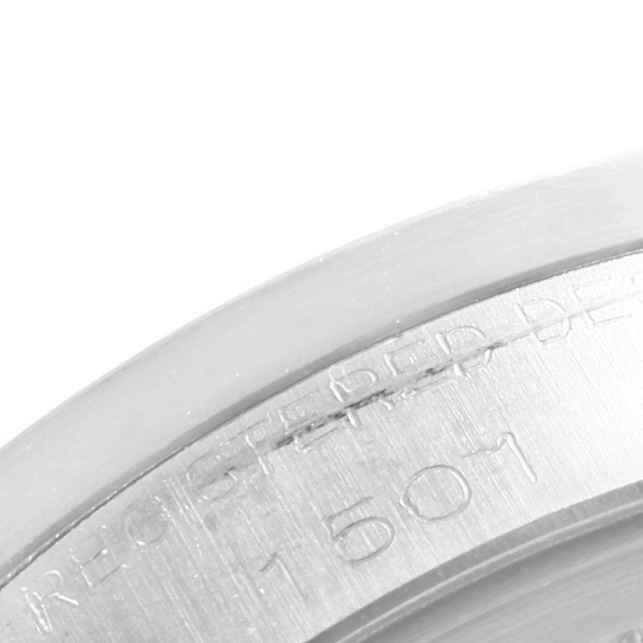 The image shows a close-up angle of the engraved reference number on the case back of a Rolex Vintage Collection 1501 Men
s Stainless Steel Silver Dial 1501 Men
s Stainless Steel Silver Dial model.