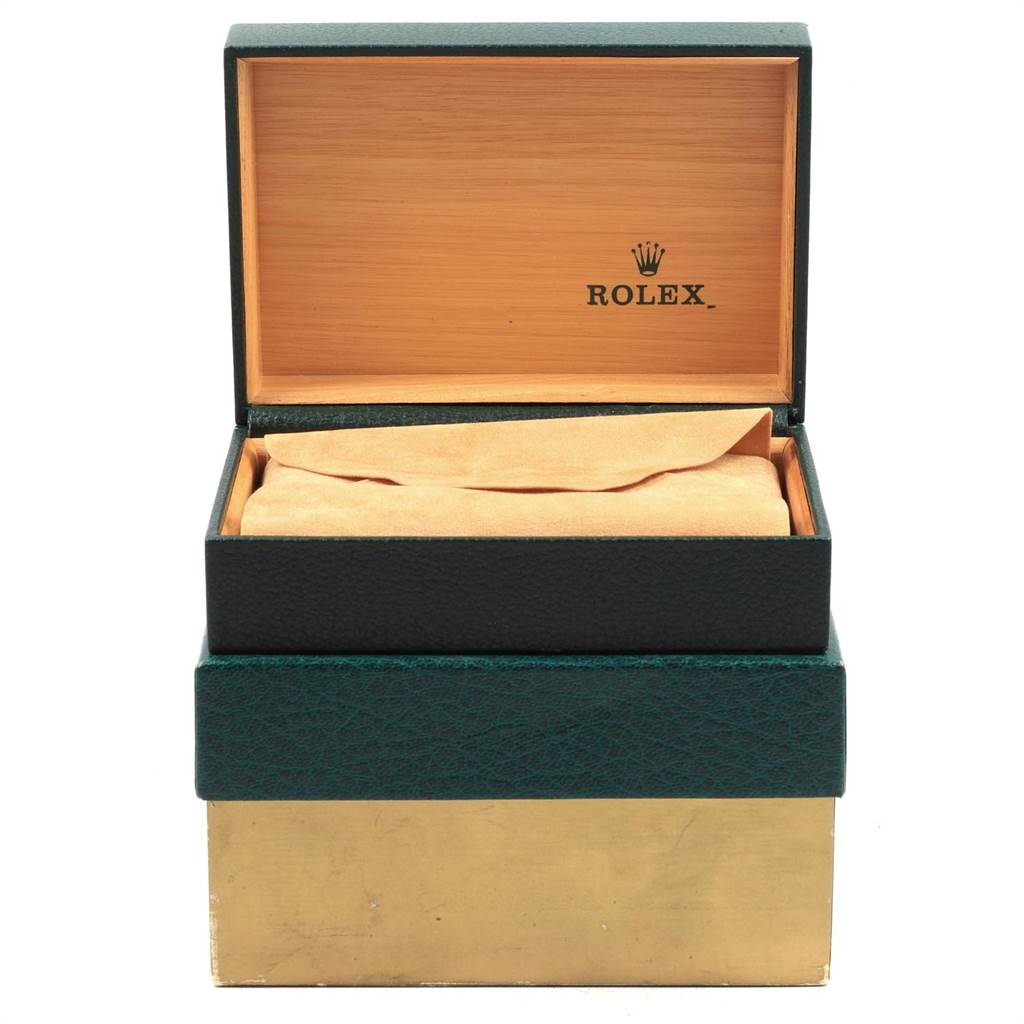 The image shows an open Rolex Vintage Collection 1501 Men
s Stainless Steel Silver Dial 1501 Men
s Stainless Steel Silver Dial watch box, revealing an interior with a cushion, viewed from the front.