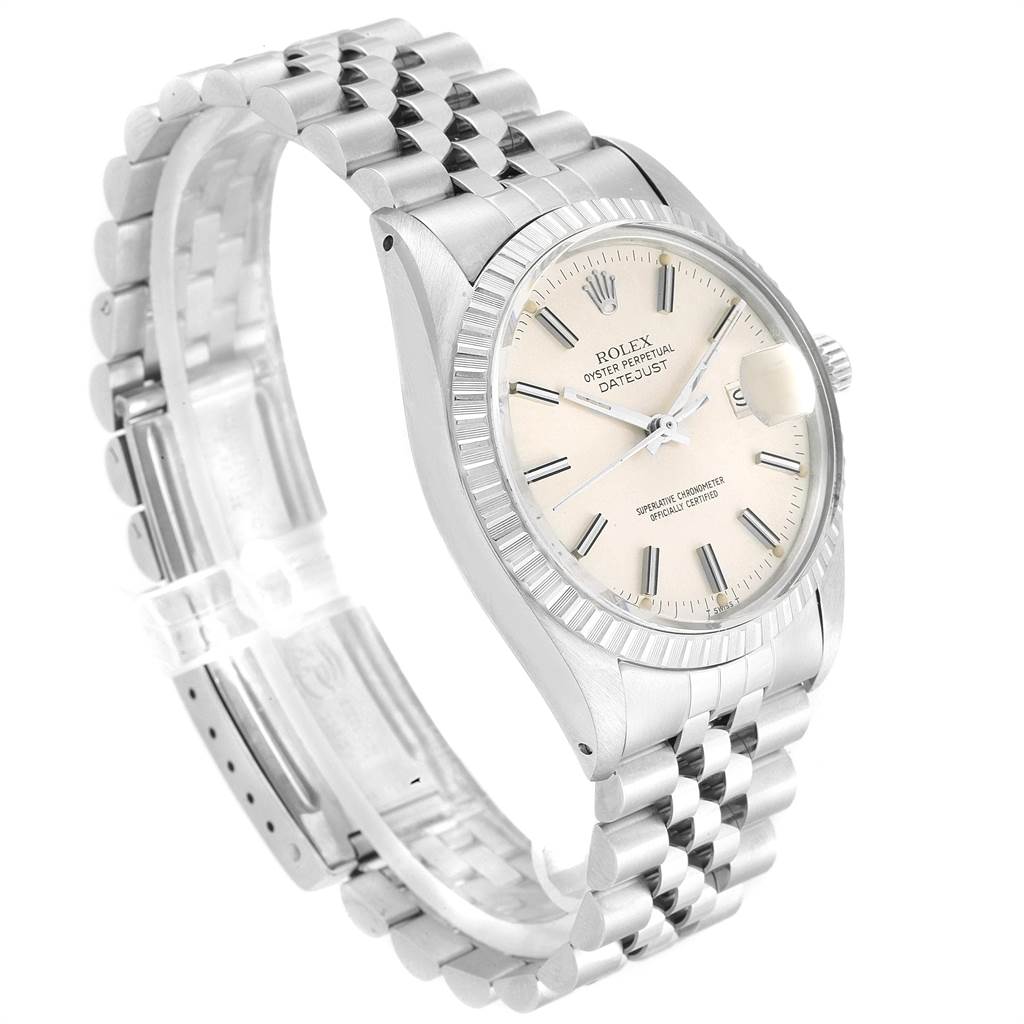 This image shows a Rolex Vintage Collection 16030 Men's Stainless Steel Silver Dial 16030 Men's Stainless Steel Silver Dial Datejust watch at a three-quarter angle, highlighting the dial, bezel, and jubilee bracelet.