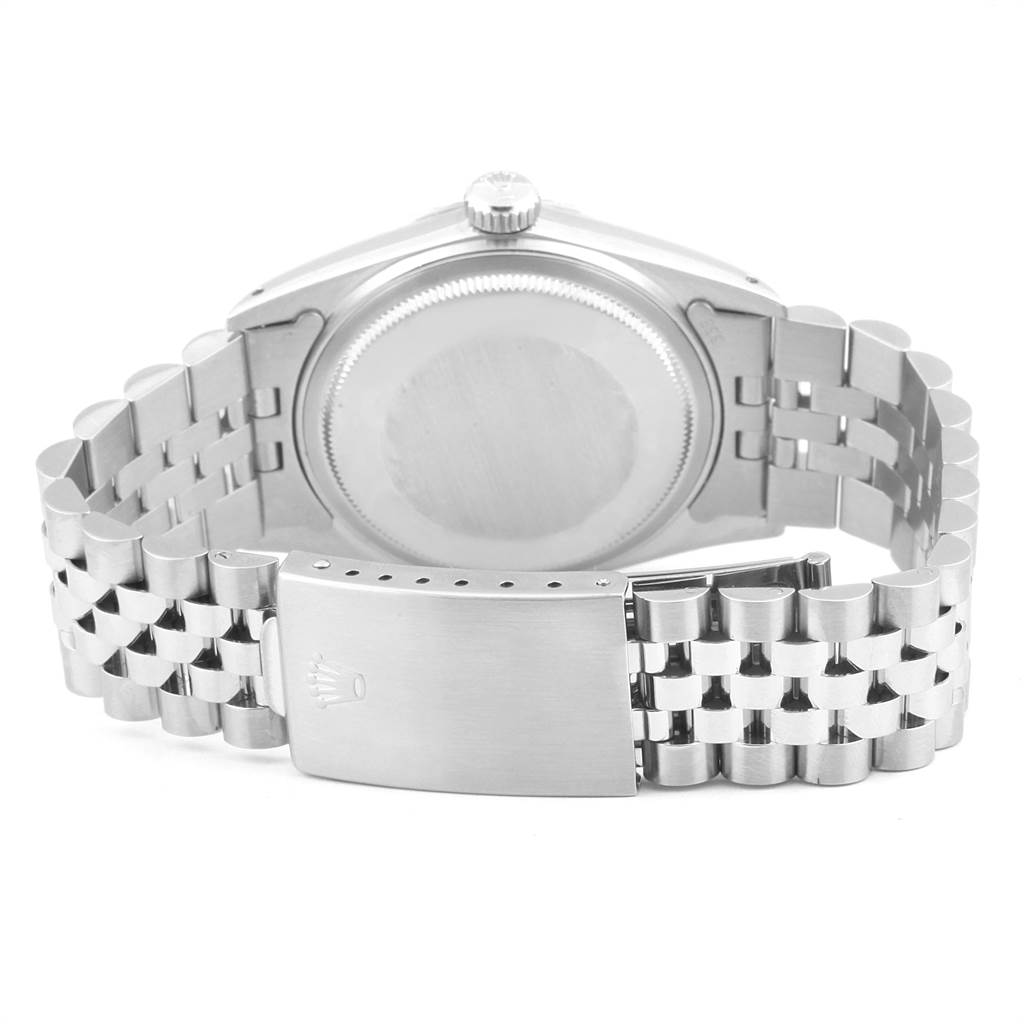 This image shows the back of the Rolex Vintage Collection 16030 Men's Stainless Steel Silver Dial 16030 Men's Stainless Steel Silver Dial watch and its stainless steel bracelet clasp.