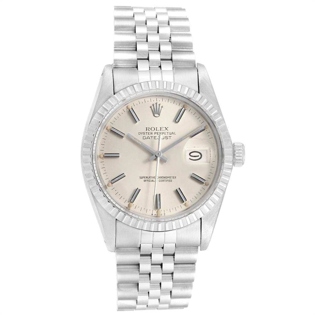 The image shows a front view of a Rolex Vintage Collection 16030 Men's Stainless Steel Silver Dial 16030 Men's Stainless Steel Silver Dial Oyster Perpetual Datejust watch, highlighting its face, bezel, and bracelet.