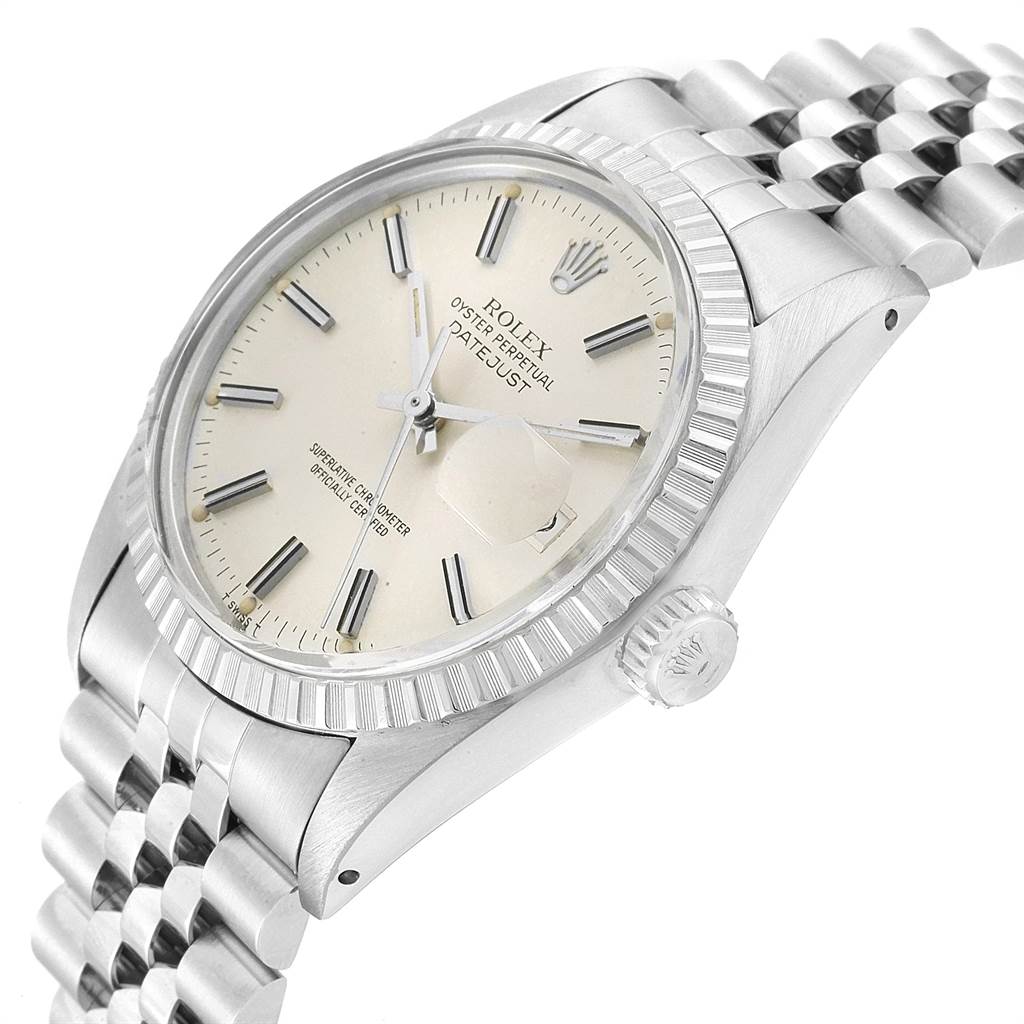 The Rolex Vintage Collection 16030 Men's Stainless Steel Silver Dial 16030 Men's Stainless Steel Silver Dial Datejust is shown at an angle displaying the dial, crown, and part of the bracelet.