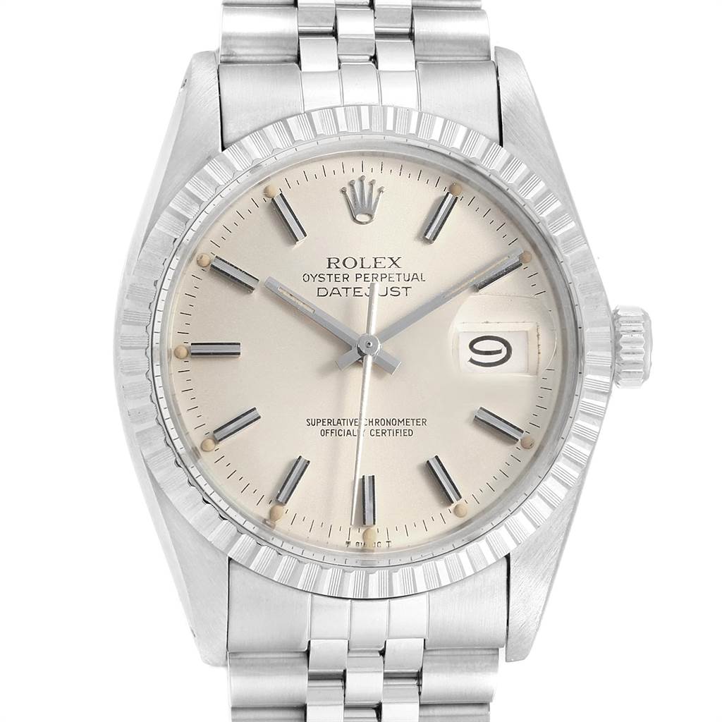 The image shows a frontal view of a Rolex Vintage Collection 16030 Men's Stainless Steel Silver Dial 16030 Men's Stainless Steel Silver Dial Oyster Perpetual Datejust watch, highlighting the dial, bezel, and bracelet.
