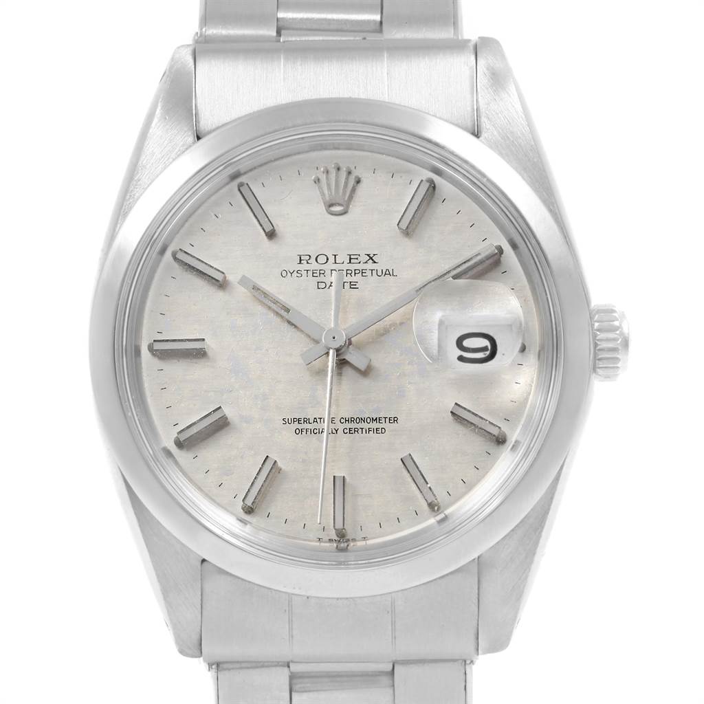 The Rolex Vintage Collection 1500 Men's Stainless Steel Silver Dial 1500 Men's Stainless Steel Silver Dial model is shown from a front angle, highlighting the dial, date magnifier, and part of the metal bracelet.