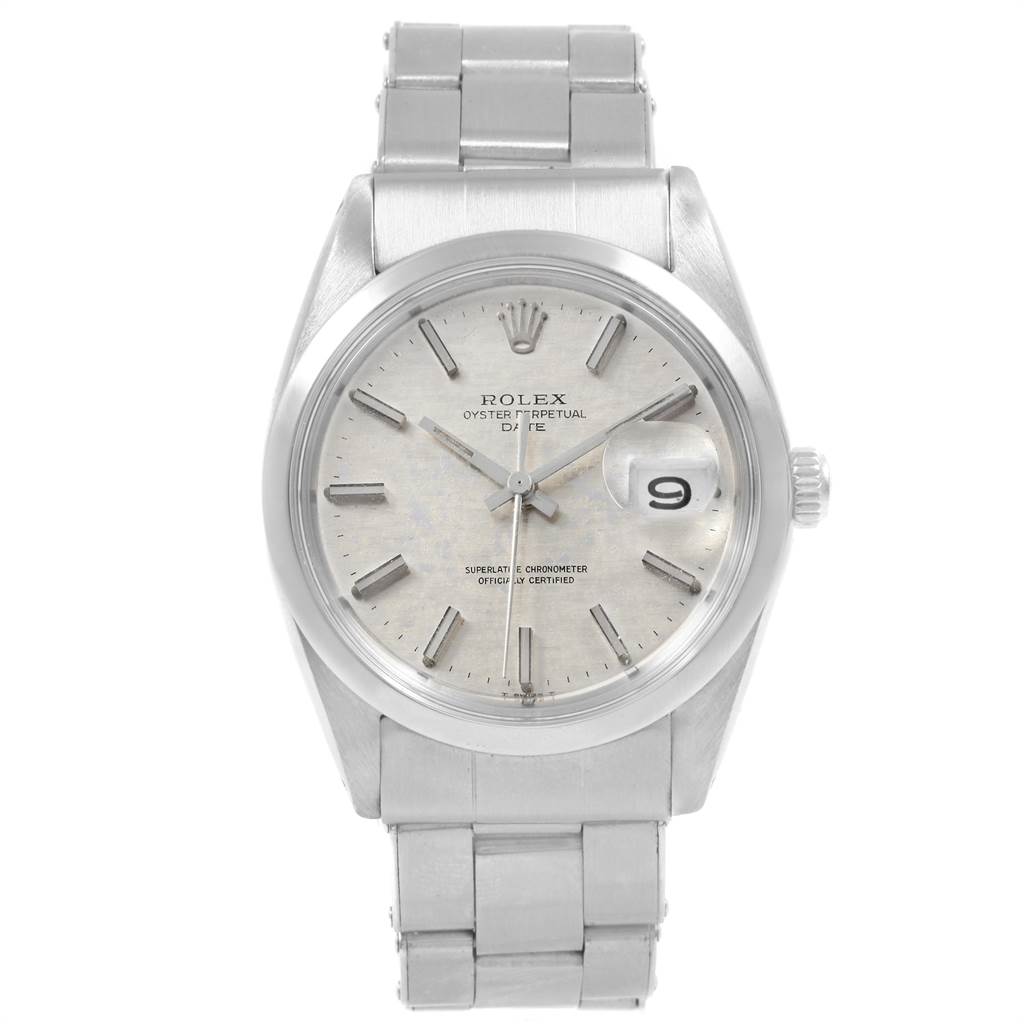 The image shows a front view of the Rolex Vintage Collection 1500 Men's Stainless Steel Silver Dial 1500 Men's Stainless Steel Silver Dial model watch, featuring the dial, hands, date window, and bracelet.