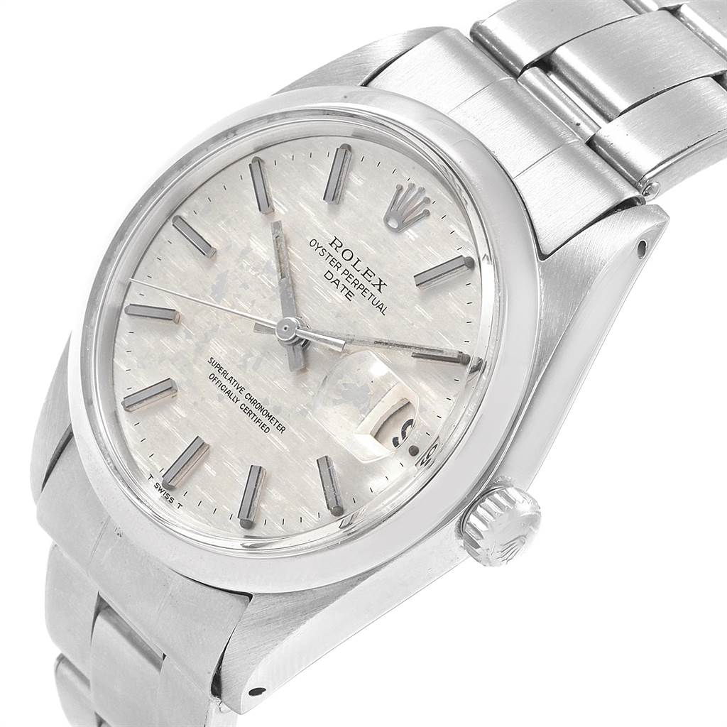 The image shows a Rolex Vintage Collection 1500 Men's Stainless Steel Silver Dial 1500 Men's Stainless Steel Silver Dial Oyster Perpetual Date model at a three-quarter angle, displaying its dial, bracelet, and crown.
