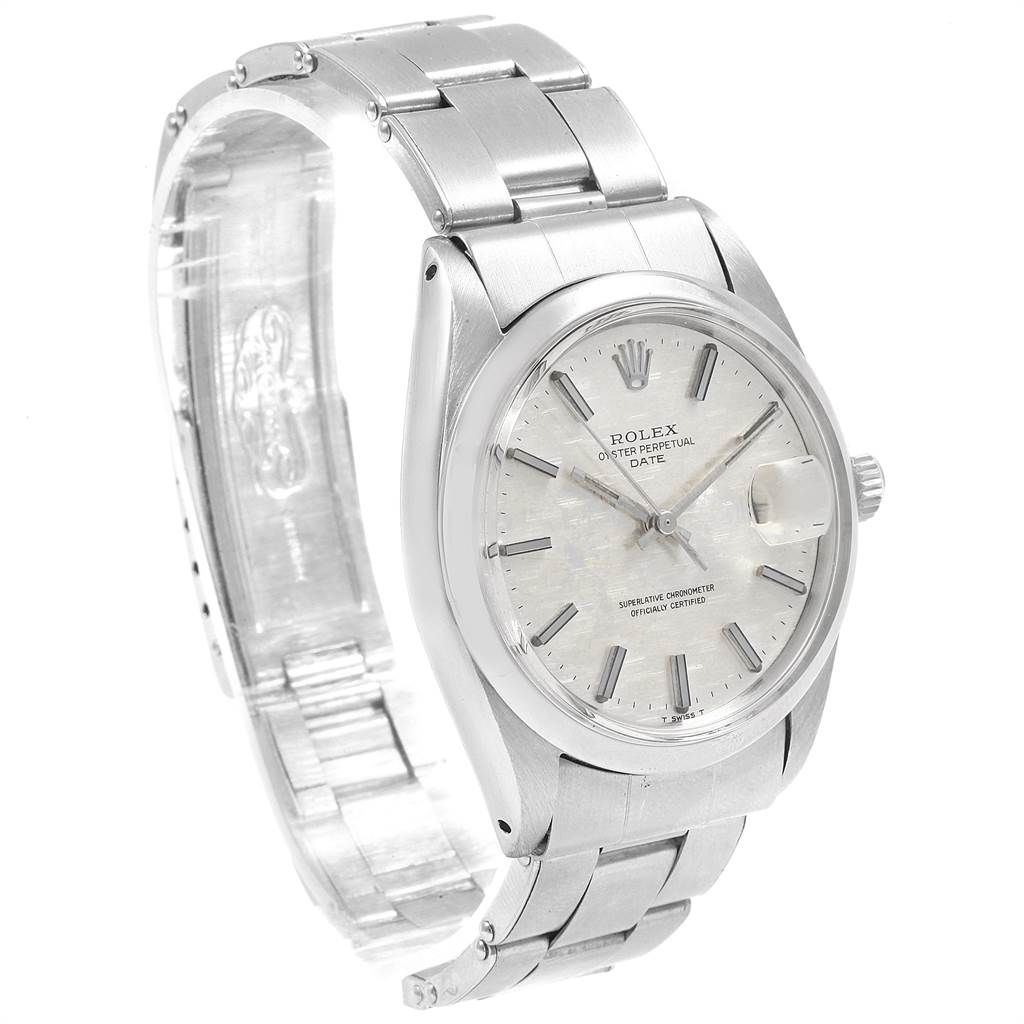 The image shows a Rolex Vintage Collection 1500 Men's Stainless Steel Silver Dial 1500 Men's Stainless Steel Silver Dial model watch at a 3/4 angle, highlighting its face, band, and crown.