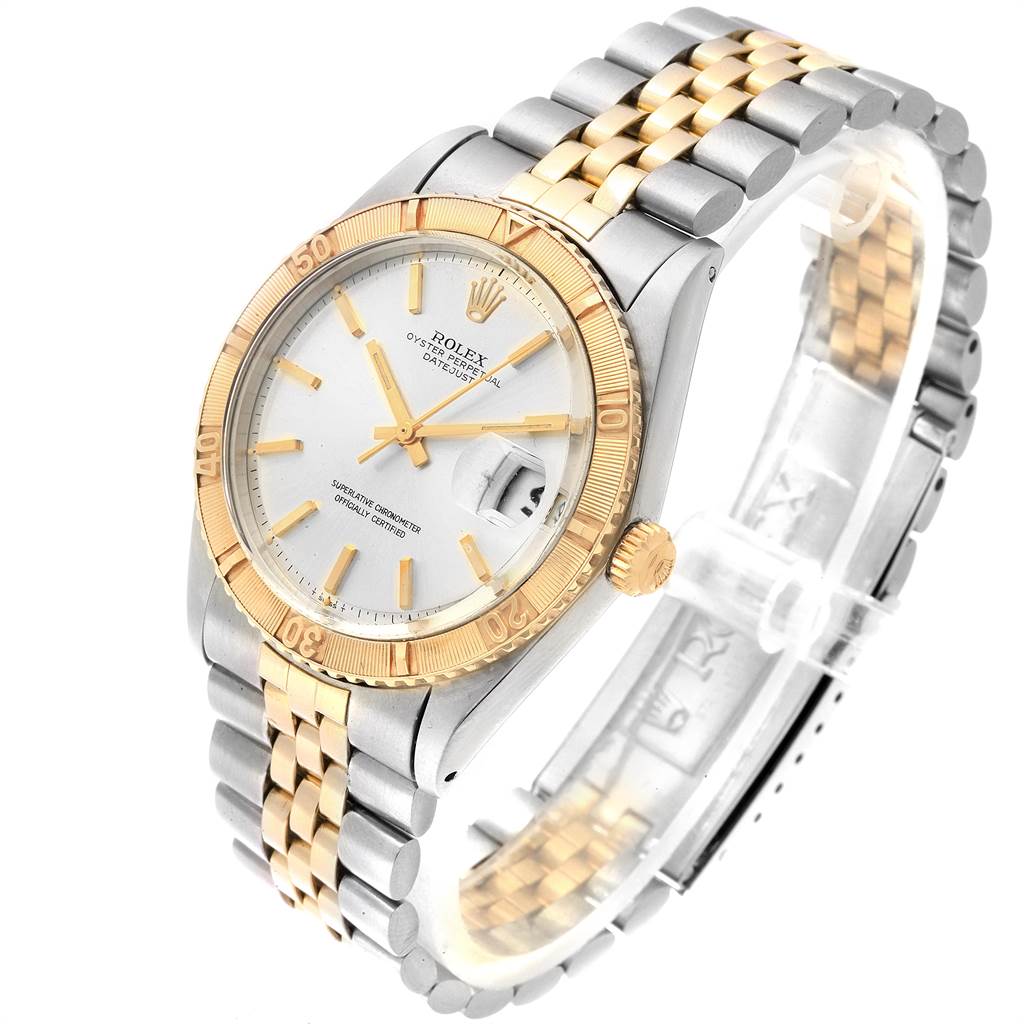 The Rolex Vintage Collection 1625 Men
s Steel and Gold (two tone) Silver Dial 1625 Men
s Steel and Gold (two tone) Silver Dial watch is shown at an angled side view, highlighting its two-tone bracelet, dial, and crown.