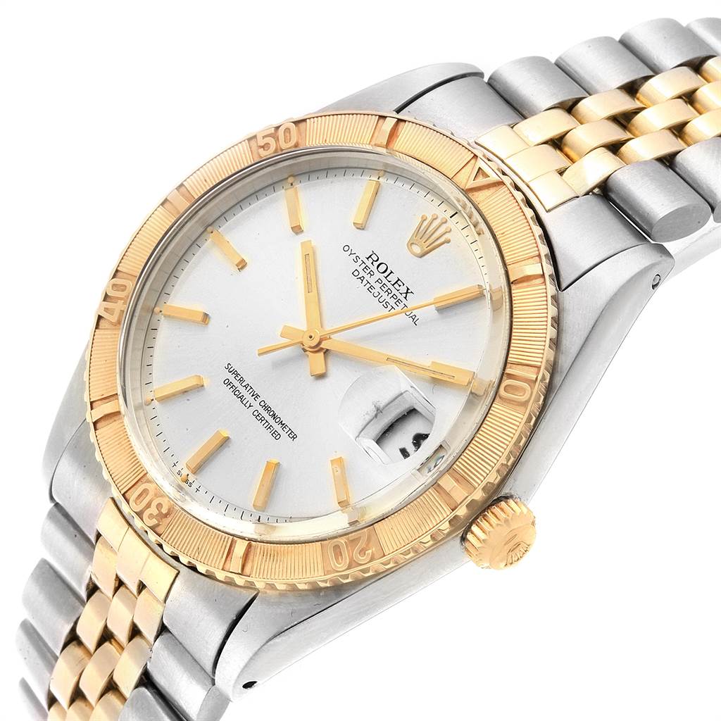 The Rolex Vintage Collection 1625 Men
s Steel and Gold (two tone) Silver Dial 1625 Men
s Steel and Gold (two tone) Silver Dial watch is shown at an angled top view, highlighting its dial, bezel, and bracelet.