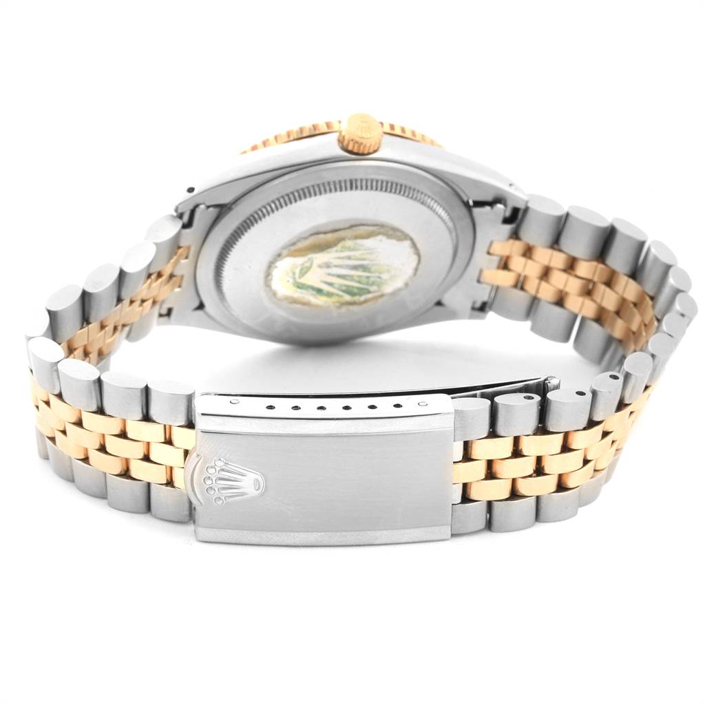 This image shows the clasp, bracelet, and back case of the Rolex Vintage Collection 1625 Men
s Steel and Gold (two tone) Silver Dial 1625 Men
s Steel and Gold (two tone) Silver Dial watch, viewed from the underside.