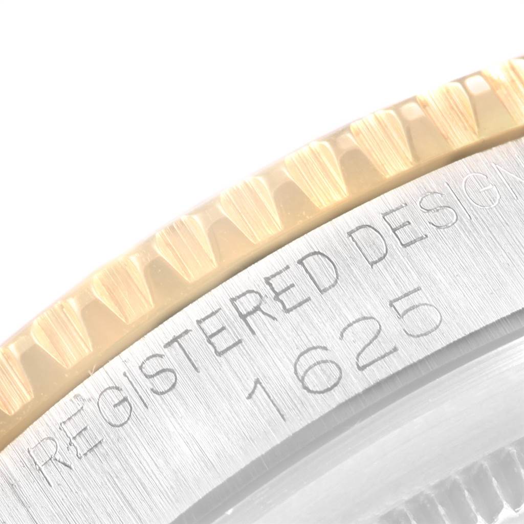 This is a close-up view of the bezel and part of the case of the Rolex Vintage Collection 1625 Men
s Steel and Gold (two tone) Silver Dial 1625 Men
s Steel and Gold (two tone) Silver Dial model 1625.