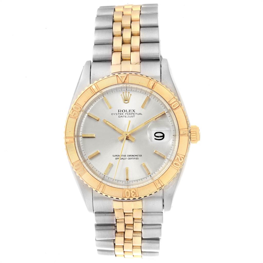 The image shows a front view of a Rolex Vintage Collection 1625 Men
s Steel and Gold (two tone) Silver Dial 1625 Men
s Steel and Gold (two tone) Silver Dial model, highlighting its face, bezel, and two-tone bracelet.